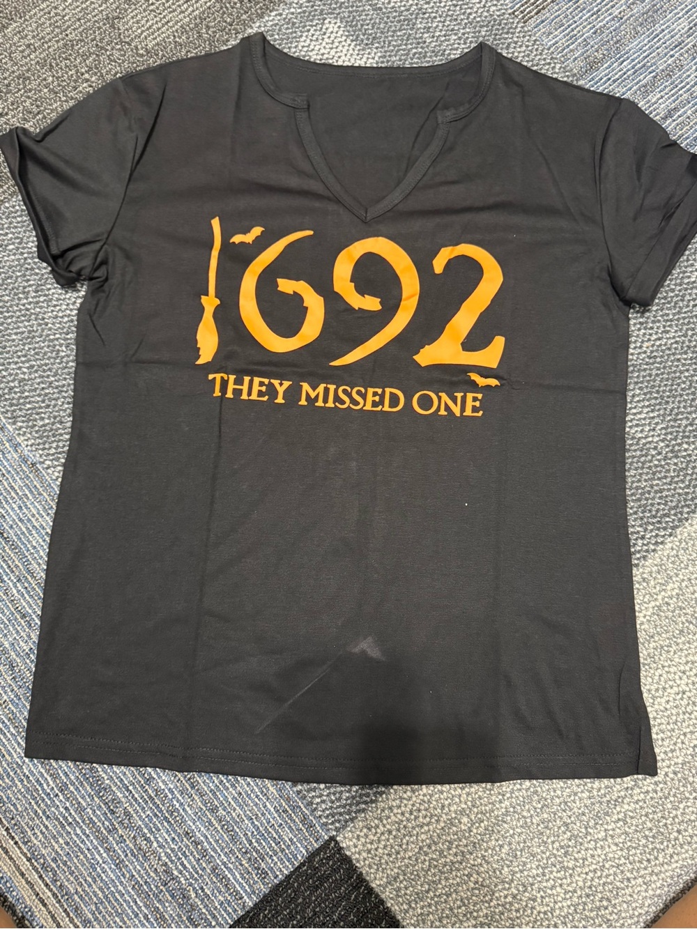 Women's Black V-Neck Tee Salem Witch Trials Orange '1692 They Missed One'